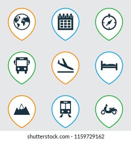 Journey icons set with earth, train, calendar and other mount  elements. Isolated vector illustration journey icons.