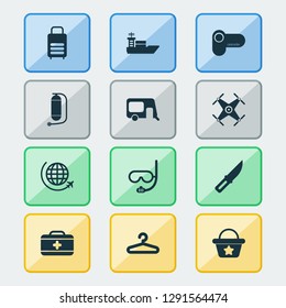 Journey icons set with hanger, quadrupter, flight and other video camera elements. Isolated vector illustration journey icons.