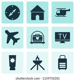 Journey icons set with helicopter, grill, airplane in the sky and other chopper elements. Isolated vector illustration journey icons.