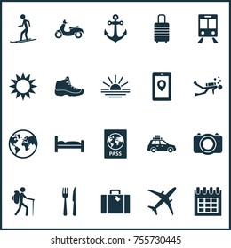 Journey Icons Set. Includes Icons Such As Bag, Navigation, Sundown And Other.