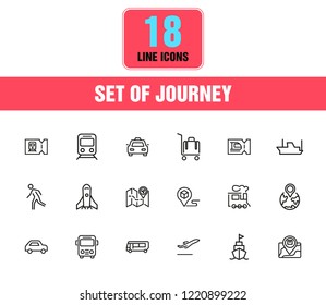 Journey icons. Set of line icons. Train, bus, plane. Journey concept. Vector illustration can be used for topics like travel, vacation, vehicle.
