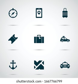 Iconos de viaje establecidos con la aplicación de mapa, ancla, maleta y otros elementos de guía. Iconos de viaje de ilustración vectorial aislados.