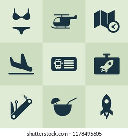 Journey icons set with multitool, plane landing, coconut cocktail chopper elements. Isolated vector illustration journey icons.