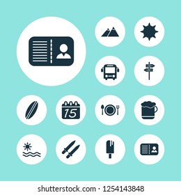 Journey icons set with pointers, beer, certification and other signpost elements. Isolated vector illustration journey icons.