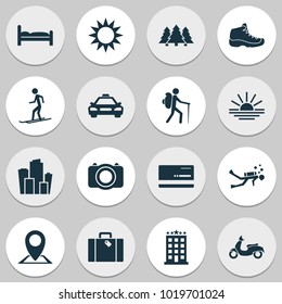 Journey icons set with taxi, hiking boot, diving and other camera elements. Isolated vector illustration journey icons.