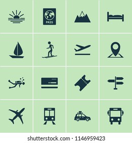 Journey icons set with train, diving, suv and other land elements. Isolated vector illustration journey icons.