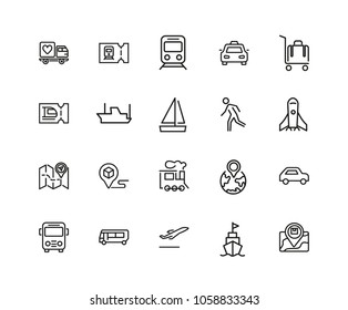 Journey icons. Set of twenty line icons. Train, bus, plane. Journey concept. Vector illustration can be used for topics like travel, vacation, vehicle.