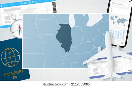 Journey to Illinois, illustration with a map of Illinois. Background with airplane, cell phone, passport, compass and tickets. Vector mockup.