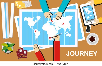 Journey illustration. Journey banner concept. Flat design illustration concepts for journey, destination, trip, adventure, teamwork, advertisement, business, planning.
