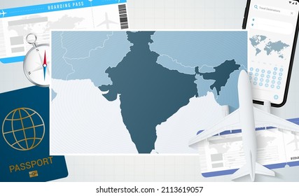 Journey to India, illustration with a map of India. Background with airplane, cell phone, passport, compass and tickets. Vector mockup.