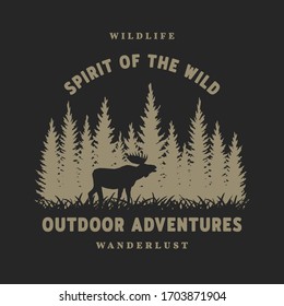 Journey into the wild. Badge, t-shirt design on a dark background.