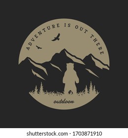 Journey into the wild. Badge, t-shirt design on a dark background.