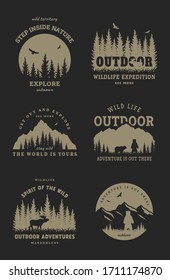 Journey into the wild. Set of emblem, t-shirt design on a dark background.
