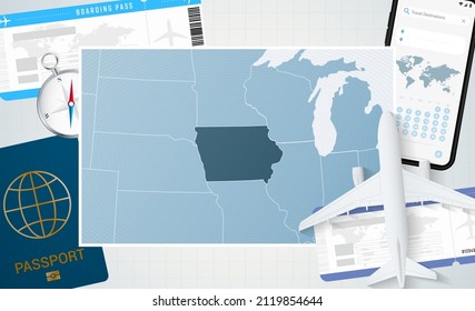 Journey to Iowa, illustration with a map of Iowa. Background with airplane, cell phone, passport, compass and tickets. Vector mockup.