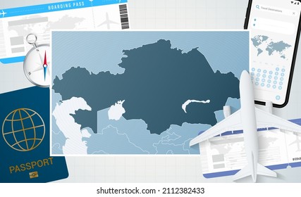 Journey to Kazakhstan, illustration with a map of Kazakhstan. Background with airplane, cell phone, passport, compass and tickets. Vector mockup.