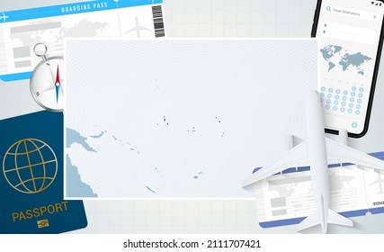 Viaje a Kiribati, ilustración con mapa de Kiribati. Antecedentes con avión, teléfono móvil, pasaporte, brújula y boletos. Burla de vectores.