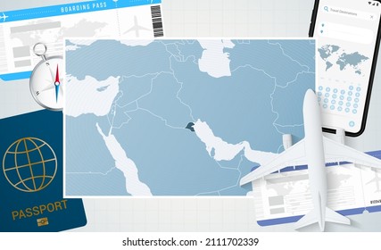 Viaje a Kuwait, ilustración con un mapa de Kuwait. Antecedentes con avión, teléfono móvil, pasaporte, brújula y boletos. Burla de vectores.