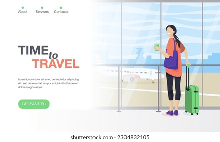 Journey landing page template. Time to travel. A woman stands next to luggage at the airport. The concept of adventure, travel or relocation services. People vector illustration