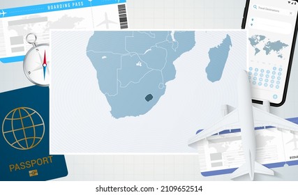 Fahrt nach Lesotho, Illustration mit Karte von Lesotho. Hintergrund mit Flugzeug, Handy, Pass, Kompass und Tickets. Vektorgrafik hoch.
