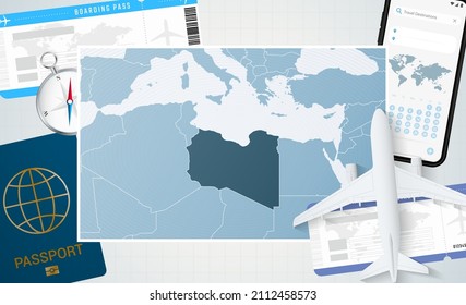 Journey to Libya, illustration with a map of Libya. Background with airplane, cell phone, passport, compass and tickets. Vector mockup.
