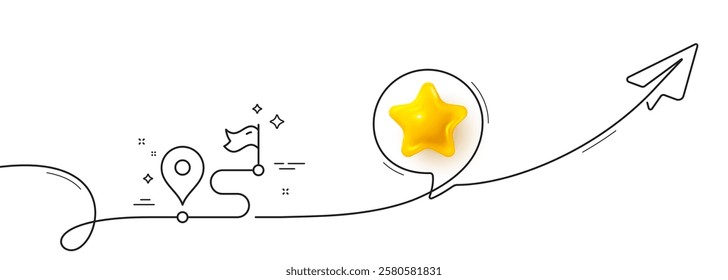 Journey line icon. Continuous line with share plane. Road path sign. Route map distance symbol. 3d star in speech bubble. Journey single line ribbon. Loop curve pattern. Vector