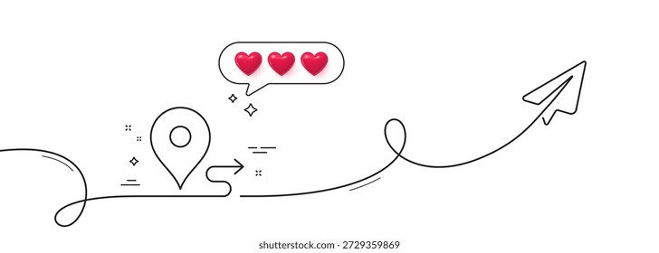 Journey line icon. Continuous line with share plane. Road path sign. Route map distance symbol. Hearts rate review in speech bubble. Journey single line ribbon. Loop curve pattern. Vector