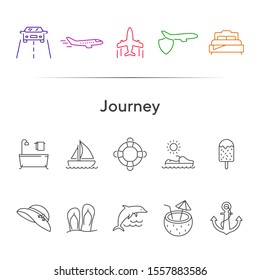 Journey line icon set. Airplane, hotel room, flip flops. Vacation concept. Can be used for topics like travel, beach, tropical resort
