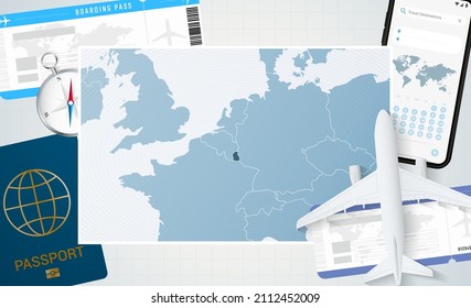Journey to Luxembourg, illustration with a map of Luxembourg. Background with airplane, cell phone, passport, compass and tickets. Vector mockup.