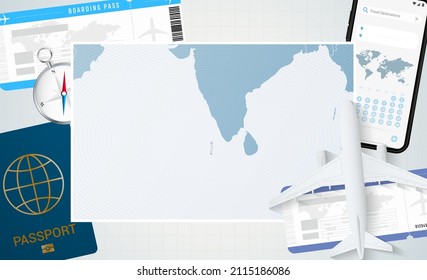 Journey to Maldives, illustration with a map of Maldives. Background with airplane, cell phone, passport, compass and tickets. Vector mockup.