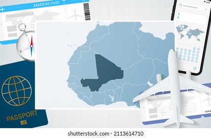 Journey to Mali, illustration with a map of Mali. Background with airplane, cell phone, passport, compass and tickets. Vector mockup.