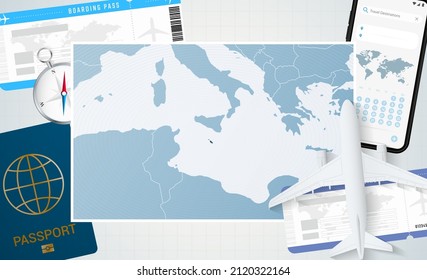 Journey to Malta, illustration with a map of Malta. Background with airplane, cell phone, passport, compass and tickets. Vector mockup.