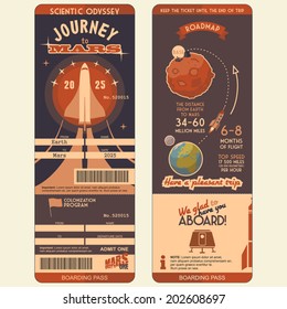 Journey to Mars boarding pass for the first settlers on the Red Planet. The first humans on Mars - the Martian colonization project. Flat graphic design template, face and back side