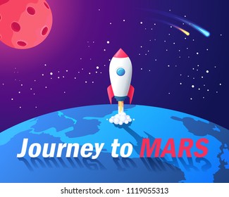 Journey to Mars cartoon vector illustration. Red planet space trip
