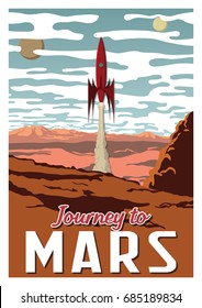 Journey to Mars. Vector Stylized Vintage Space Propaganda Poster