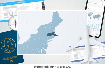 Journey to Massachusetts, illustration with a map of Massachusetts. Background with airplane, cell phone, passport, compass and tickets. Vector mockup.