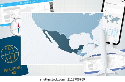 Journey to Mexico, illustration with a map of Mexico. Background with airplane, cell phone, passport, compass and tickets. Vector mockup.