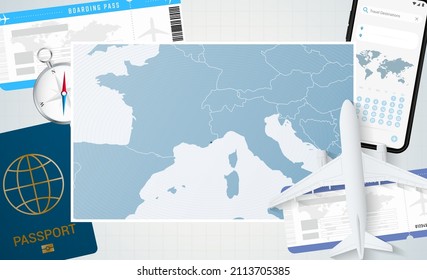 Journey to Monaco, illustration with a map of Monaco. Background with airplane, cell phone, passport, compass and tickets. Vector mockup.