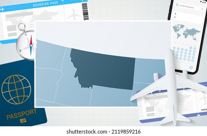 Journey to Montana, illustration with a map of Montana. Background with airplane, cell phone, passport, compass and tickets. Vector mockup.
