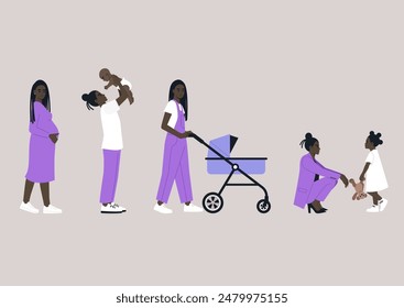 The Journey of Motherhood, from pregnancy to caring for a young child, a Woman in purple clothes progresses from holding a baby to playing with a toddler