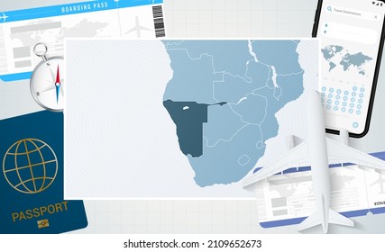 Journey to Namibia, illustration with a map of Namibia. Background with airplane, cell phone, passport, compass and tickets. Vector mockup.