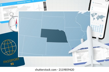 Journey to Nebraska, illustration with a map of Nebraska. Background with airplane, cell phone, passport, compass and tickets. Vector mockup.