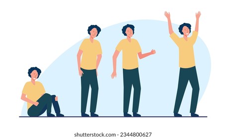 Journey from negative to positive emotions vector illustration. Sad man sitting on floor, getting up, finding hope and becoming happy. Emotional journey, personal growth, resilience concept