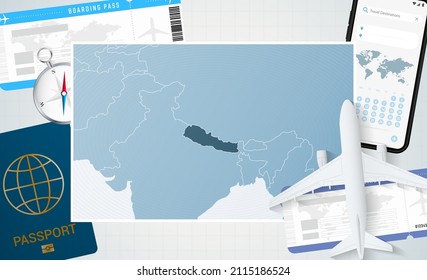 Journey to Nepal, illustration with a map of Nepal. Background with airplane, cell phone, passport, compass and tickets. Vector mockup.
