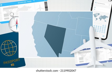 Journey to Nevada, illustration with a map of Nevada. Background with airplane, cell phone, passport, compass and tickets. Vector mockup.