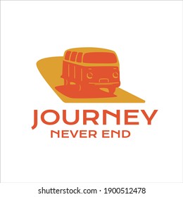 Journey never end graphic art with van vehicle on road flat vector illustration