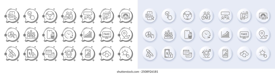 Journey, Noise and Phone calculator line icons. White pin 3d buttons, chat bubbles icons. Pack of Lgbt, Graph chart, Inclusion icon. Business podium, Ranking star, Private payment pictogram. Vector