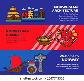 Journey to Norway promotional posters with traditional architecture and cuisine