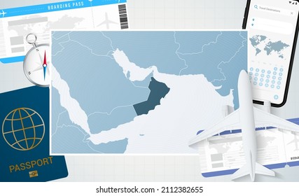 Journey to Oman, illustration with a map of Oman. Background with airplane, cell phone, passport, compass and tickets. Vector mockup.