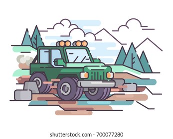 Journey on car off-road vehicle on impassability. Vector flat illustration