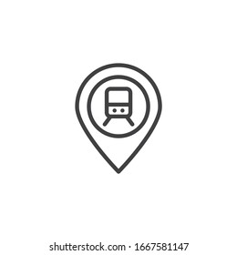 Journey on train line icon. Railway station location pin linear style sign for mobile concept and web design. Map marker with train outline vector icon. Symbol, logo illustration. Vector graphics